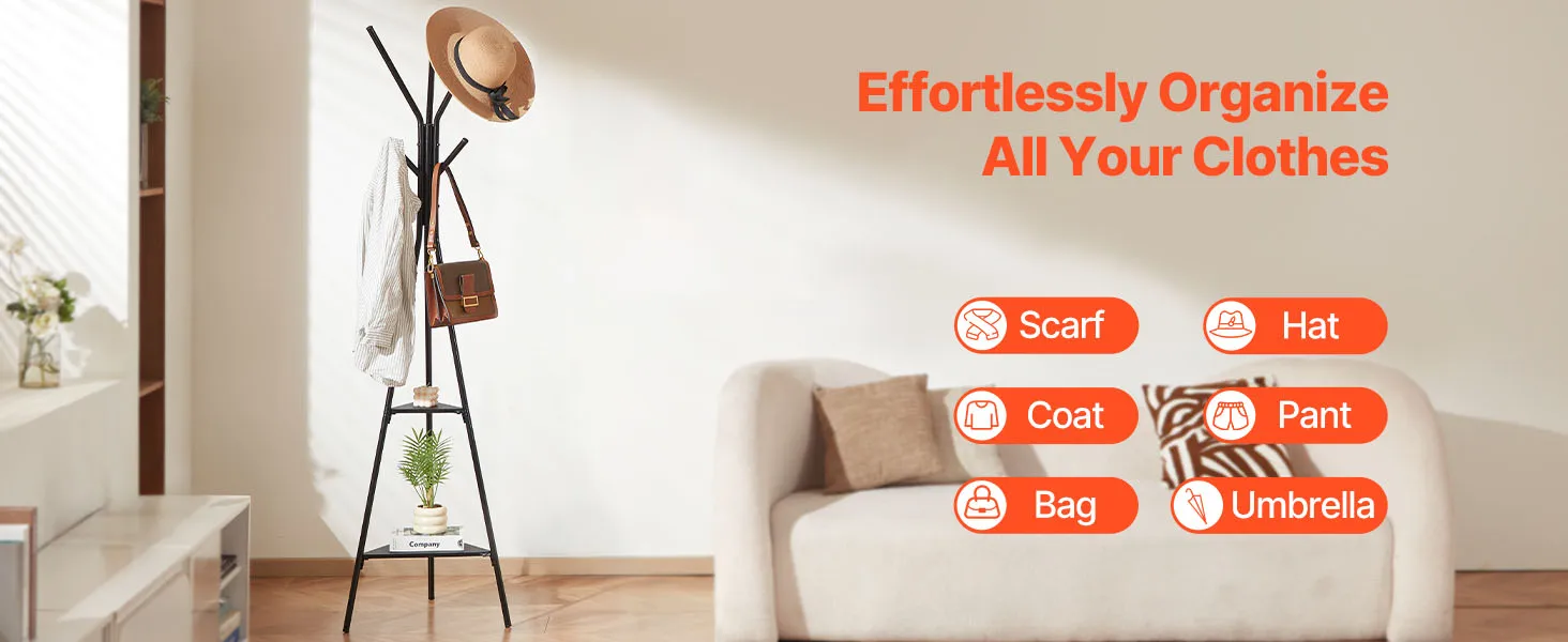 SucceBuy Coat Rack Freestanding Coats Rack Stand with 2 Shelves & 6 Hooks Free Standing Hall Coat Tree for Bedroom Living Room