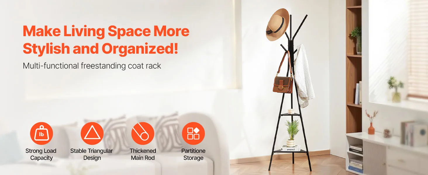 SucceBuy Coat Rack Freestanding Coats Rack Stand with 2 Shelves & 6 Hooks Free Standing Hall Coat Tree for Bedroom Living Room