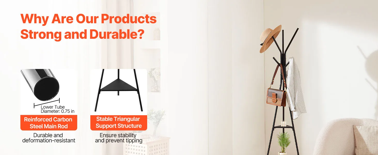 SucceBuy Coat Rack Freestanding Coats Rack Stand with 2 Shelves & 6 Hooks Free Standing Hall Coat Tree for Bedroom Living Room