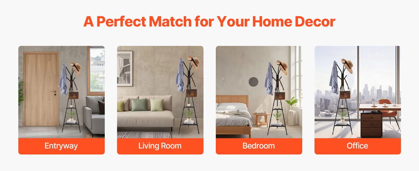 SucceBuy Coat Rack Freestanding Coats Rack Stand with 2 Shelves & 6 Hooks Free Standing Hall Coat Tree for Bedroom Living Room
