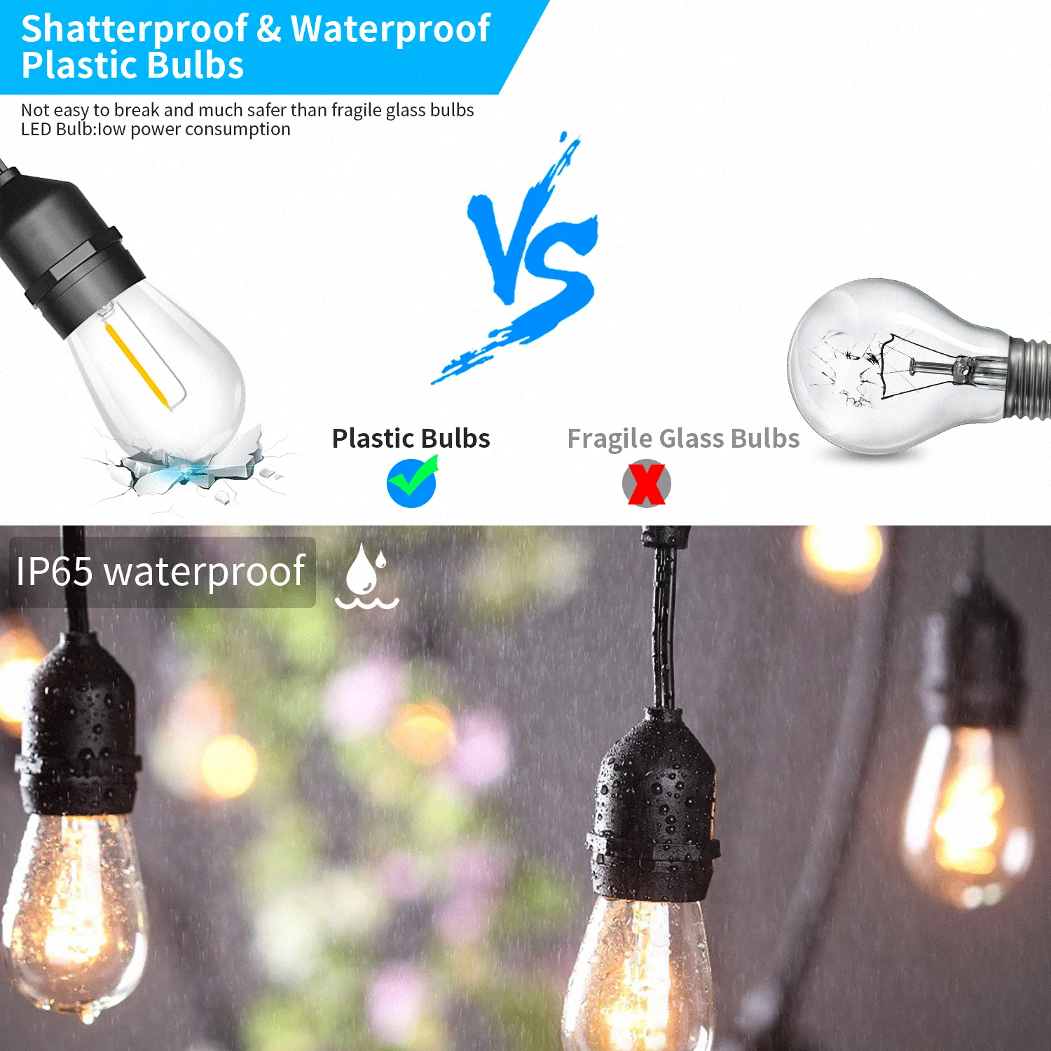 Solar Power 20M LED Festoon String Lights Waterproof Connectable 20LED for Party Holiday Garden Patio Wedding Outdoor