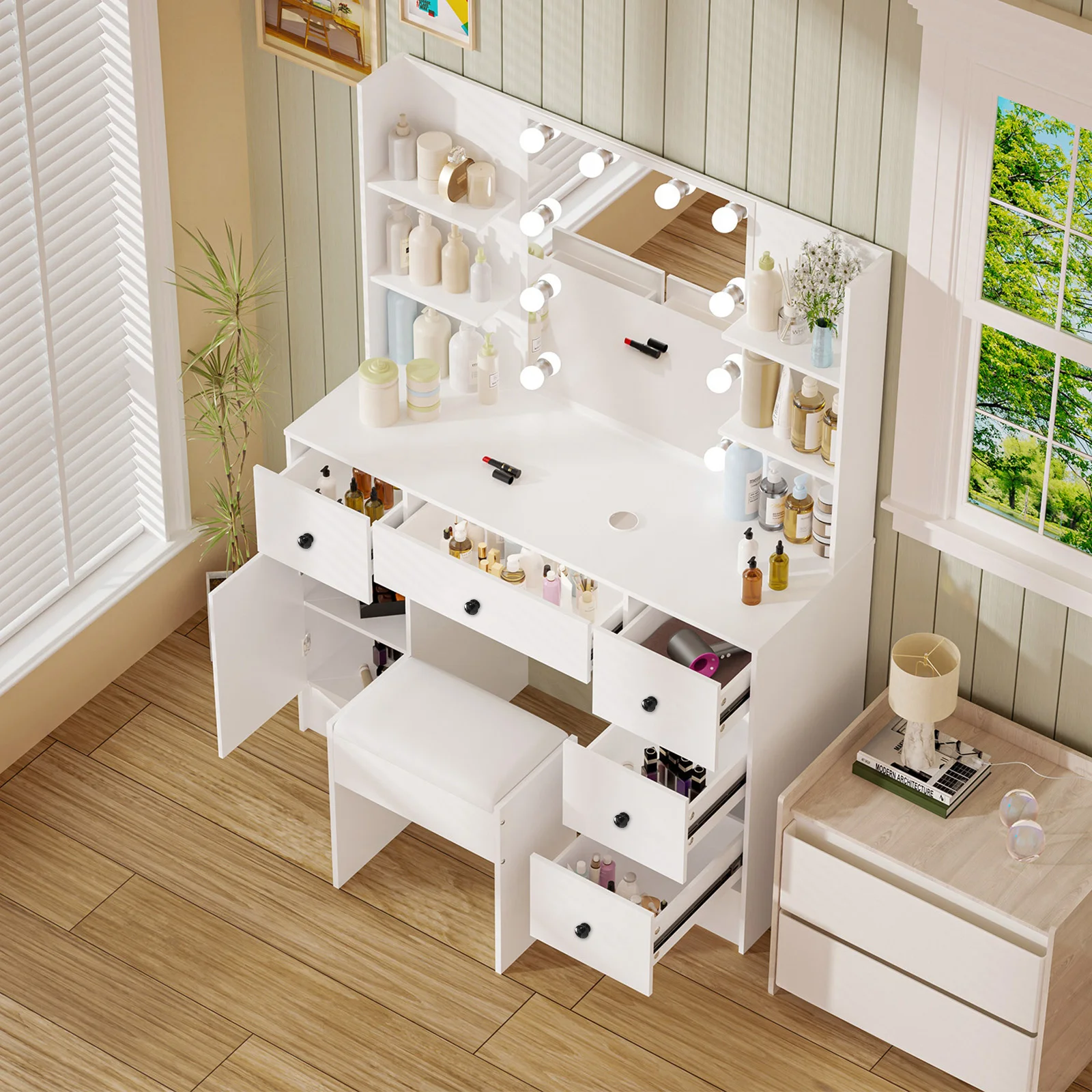 Teousev White Makeup Vanity Set, 3 Color Dimmable LED Mirror, 5 Drawers with Stool, Easy Assembly Bedroom Dressing Table