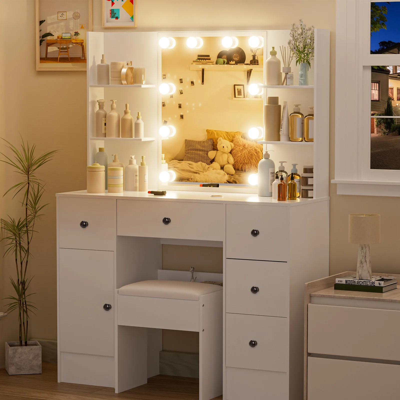 Teousev White Makeup Vanity Set, 3 Color Dimmable LED Mirror, 5 Drawers with Stool, Easy Assembly Bedroom Dressing Table
