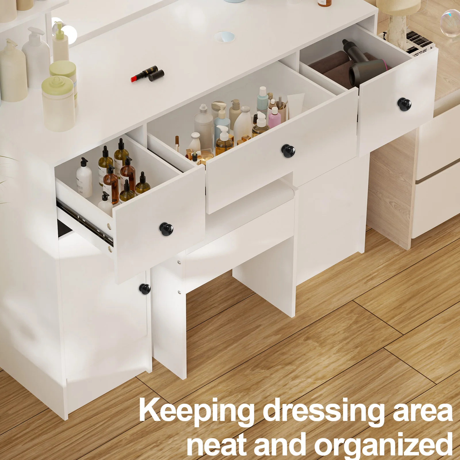 Teousev White Makeup Vanity Set, 3 Color Dimmable LED Mirror, 5 Drawers with Stool, Easy Assembly Bedroom Dressing Table