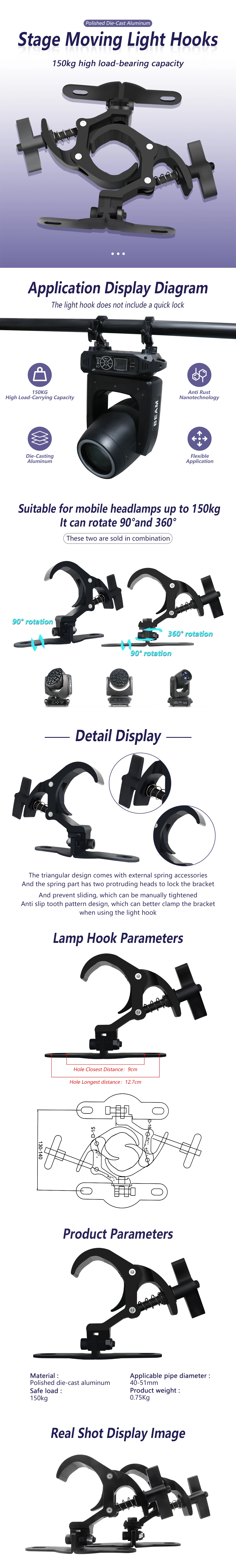 2 Pairs of Aluminum Light Hooks LED Moving Head Light Hook Stage Light Truss Safety Load 50KG Spring Hook Light Hook