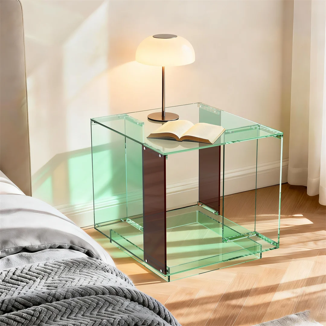 Green-Tinted Acrylic End Table Stand Bedside Nightstand with Open Shelf for Bedroom Living Room Side Table