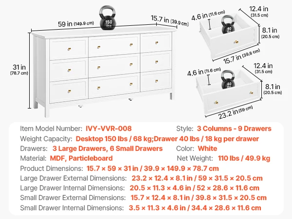 VEVOR 6/9 Drawer Dresser Wooden Chest of Drawers with Sliding and Anti-tip Device for Living Room Hallway Bedroom Entryway