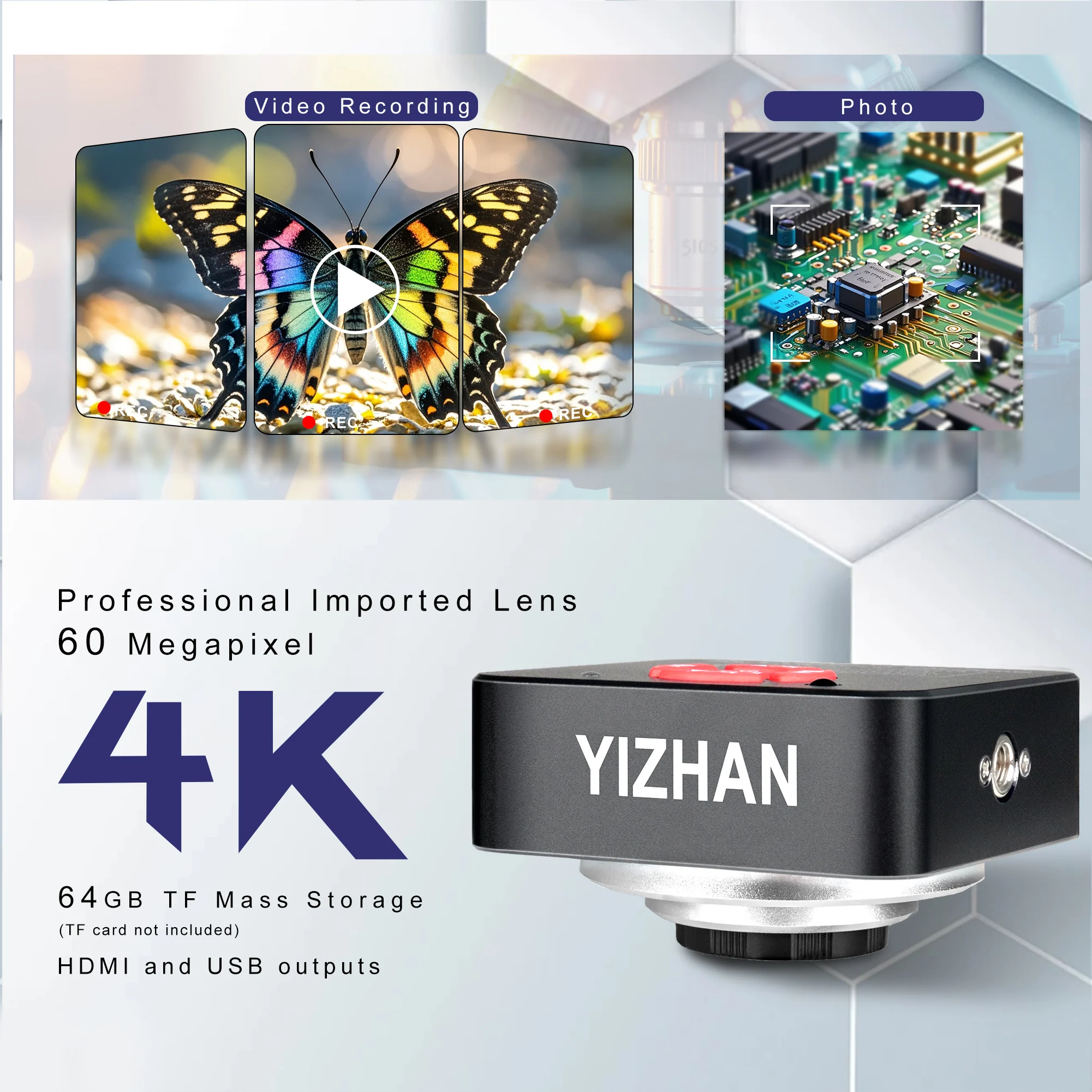 YIZHAN Desktop Industrial Digital Microscope 4K 60MP/48MP/13MP HDMI VGA USB Camera HD Electronic Magnifier Clamp type bracket