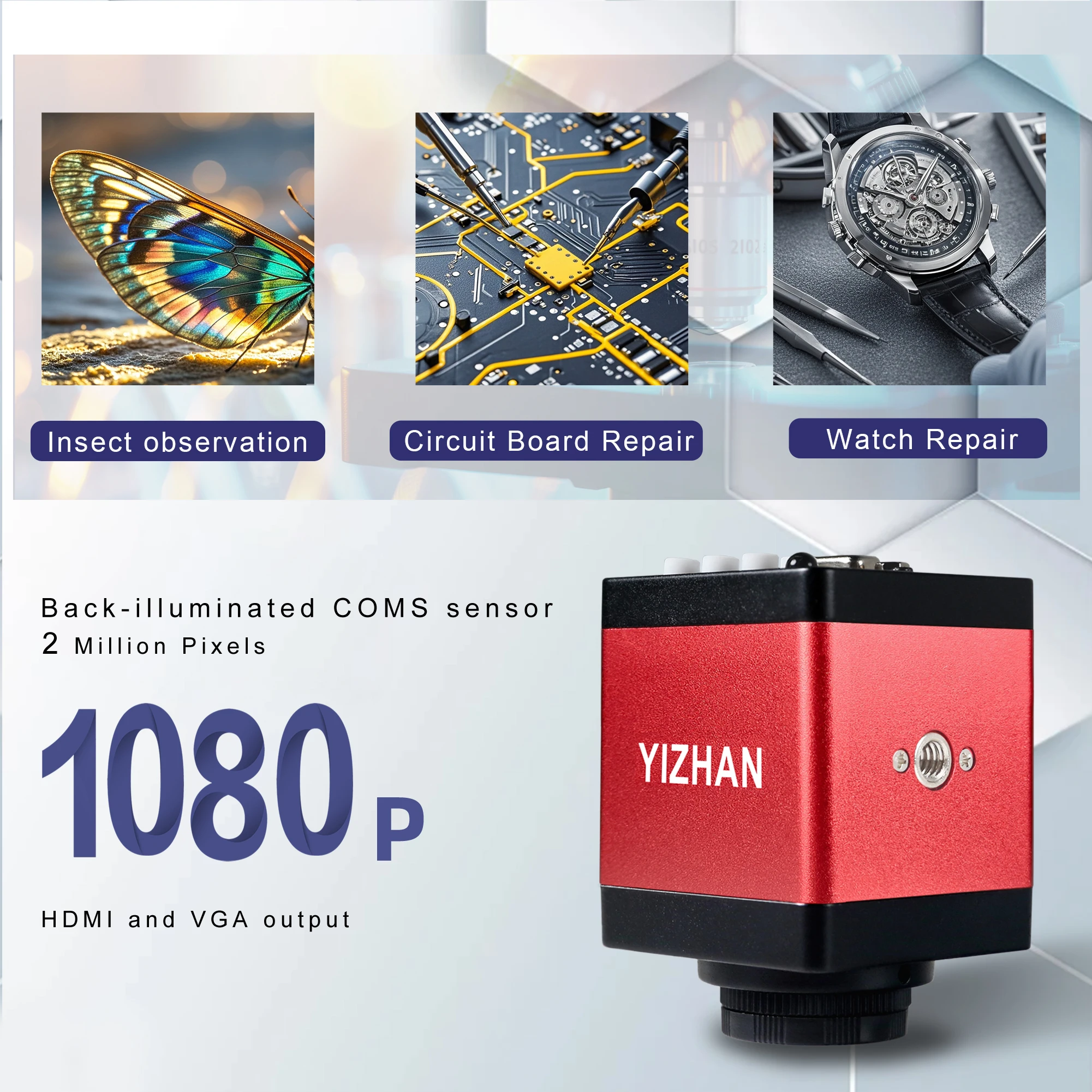 YIZHAN Desktop Industrial Digital Microscope 4K 60MP/48MP/13MP HDMI VGA USB Camera HD Electronic Magnifier Clamp type bracket