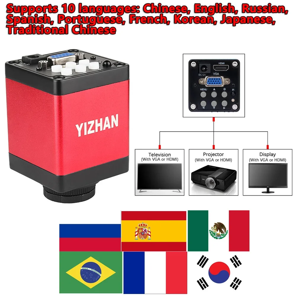 YIZHAN Desktop Industrial Digital Microscope 4K 60MP/48MP/13MP HDMI VGA USB Camera HD Electronic Magnifier Clamp type bracket