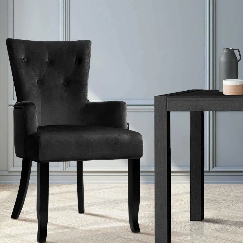 Velvet French Provincial Dining Chair Black Upholstered Accent Armchair Elegant Living Room Side Chair Antique Style Wooden Legs
