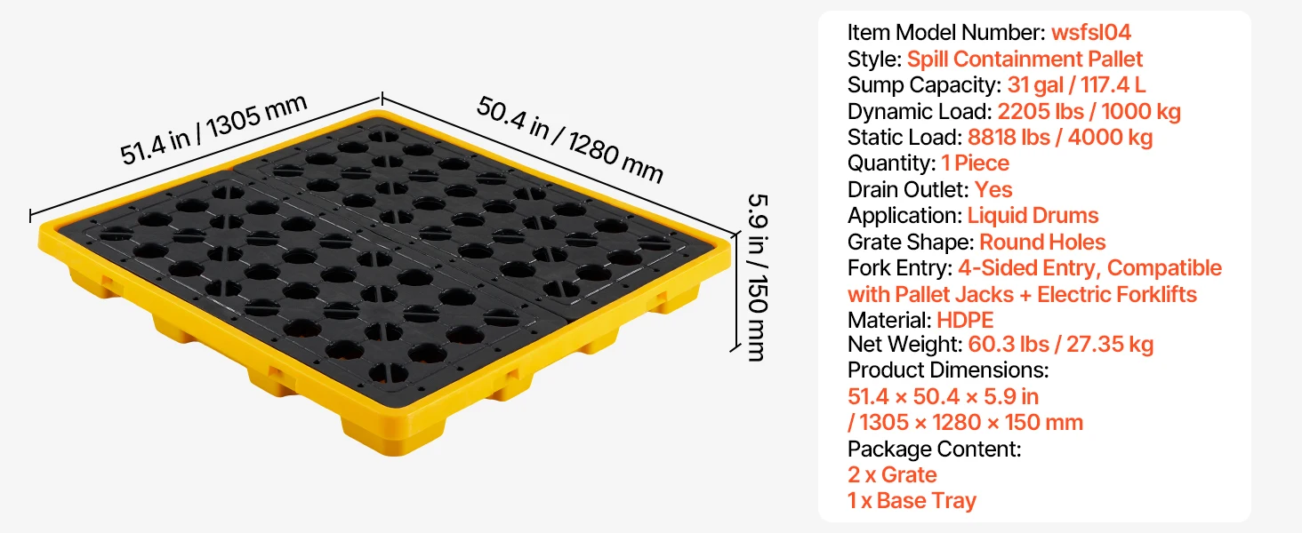SucceBuy 11.4/21/31 Gal Sump Spill Containment Pallet with Drain 1/2/4 Drum Low Profile Spill Containment Modular Platform