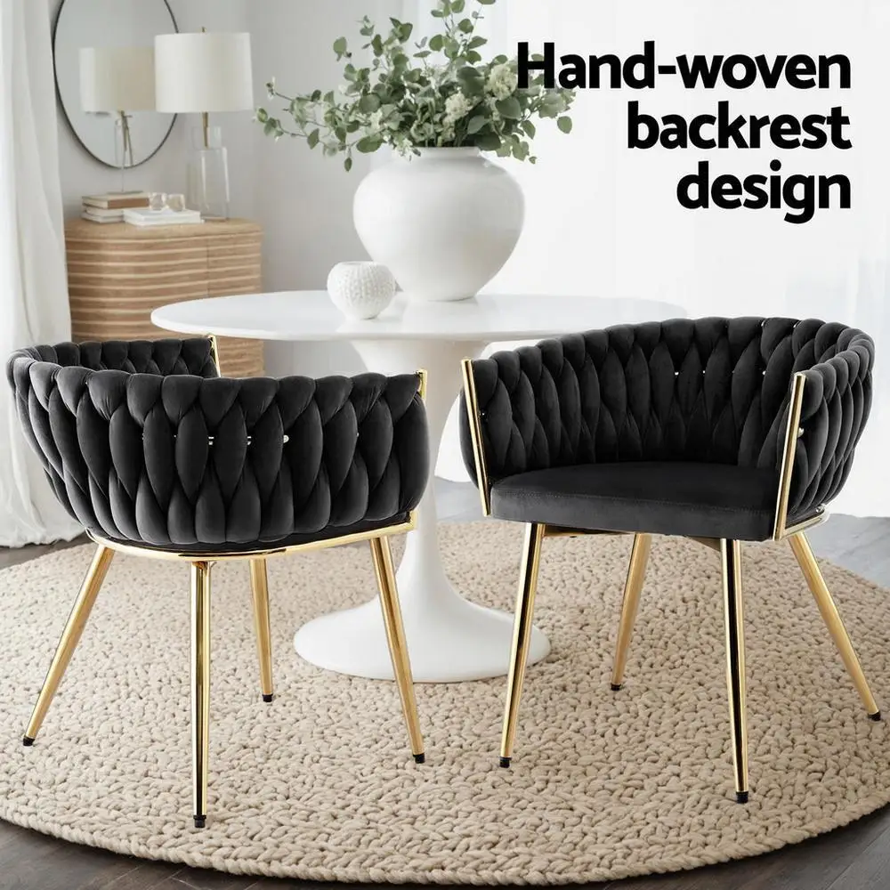 Modern Velvet Weave Dining Chair Upholstered Accent Armchair for Cafe Kitchen Lounge Black Frame Comfortable Home Seating