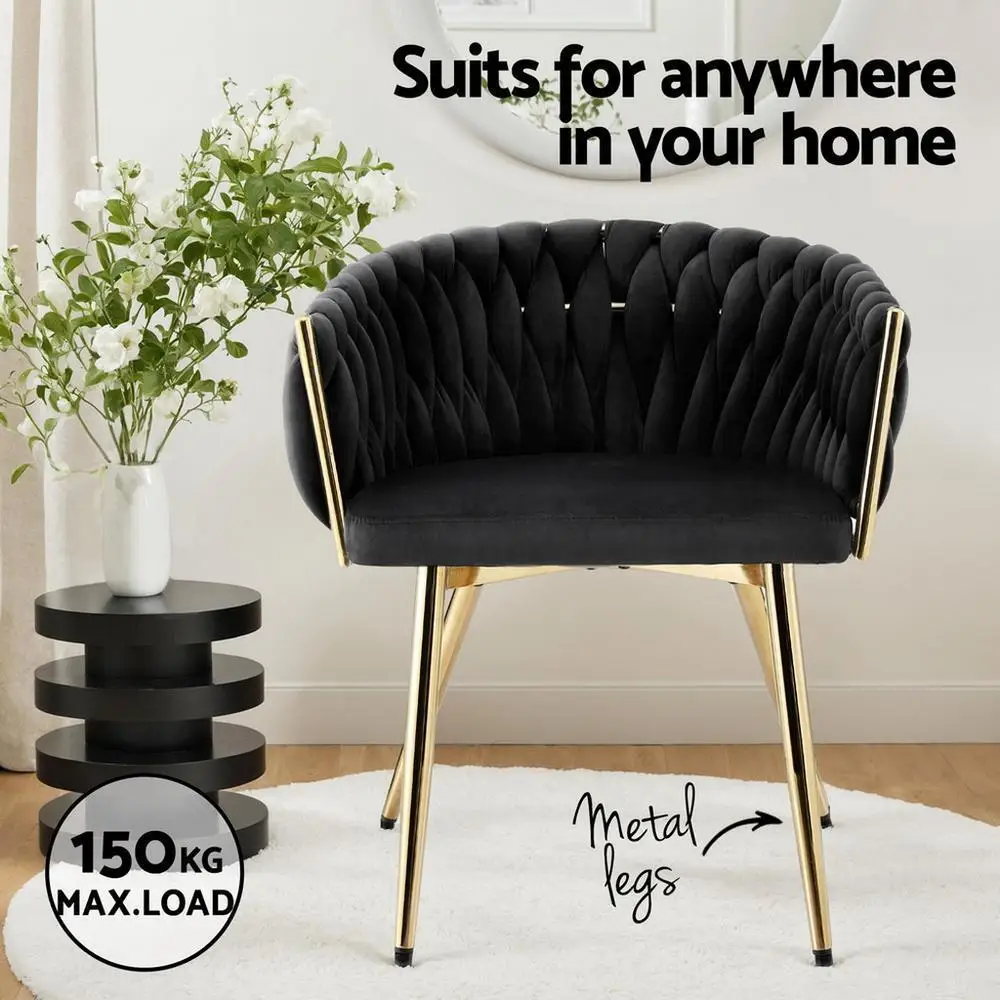 Modern Velvet Weave Dining Chair Upholstered Accent Armchair for Cafe Kitchen Lounge Black Frame Comfortable Home Seating