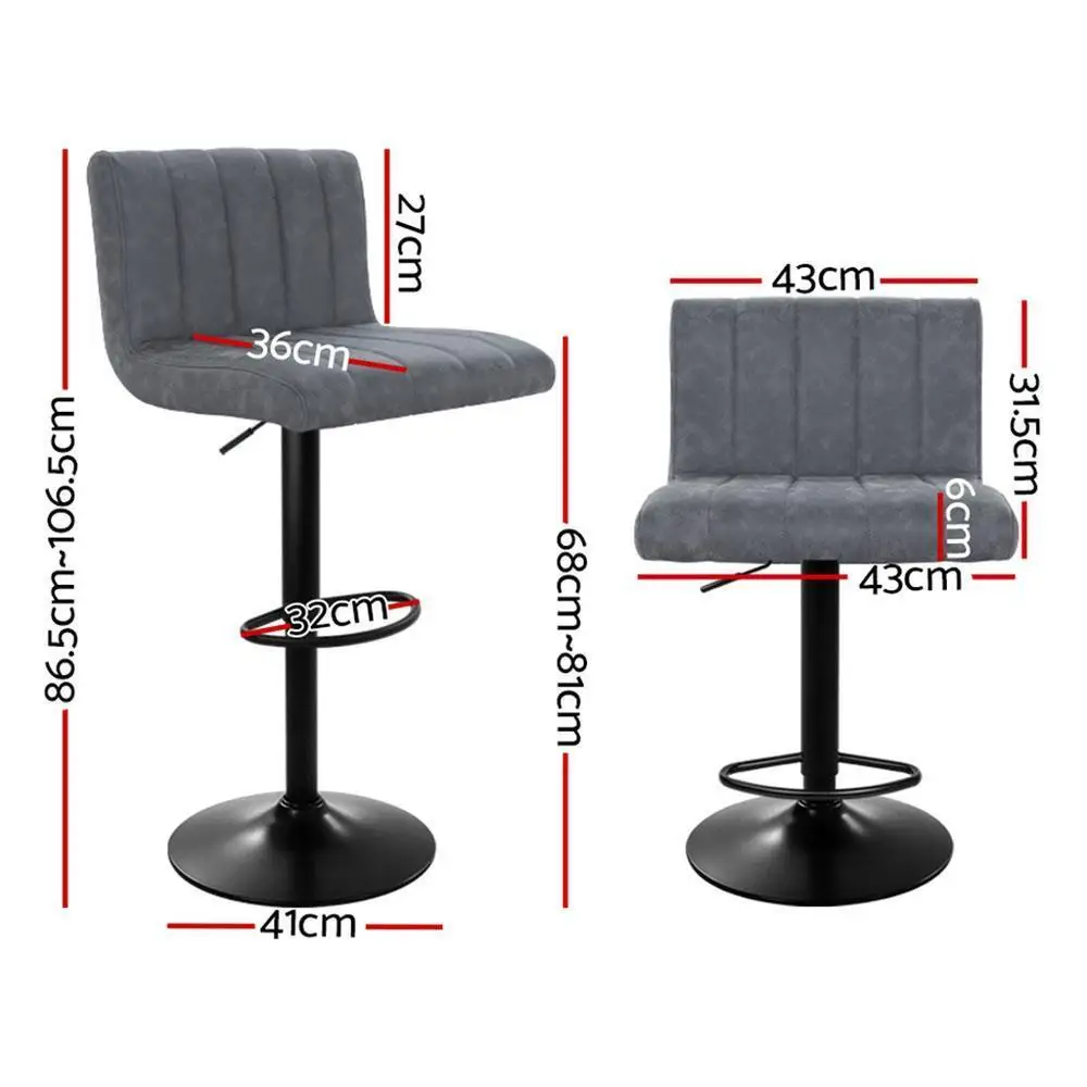 2 Piece Adjustable Vintage Style Grey Faux Leather Bar Stools Gas Lift Swivel Kitchen Counter Chairs