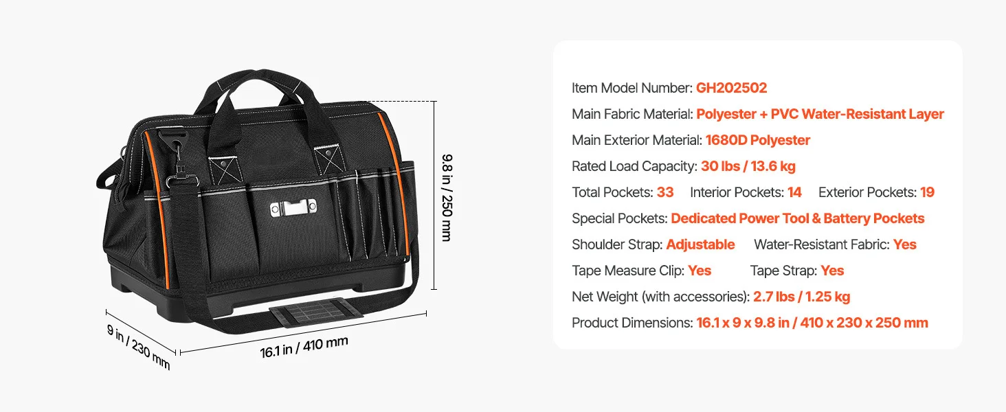SucceBuy 16/20in Tool Bag 33-Pocket Professional Electrician Portable Toolbag Working Multifunction Organizing Storage Tool Bag