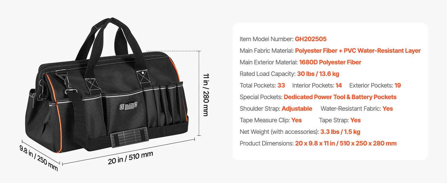 SucceBuy 16/20in Tool Bag 33-Pocket Professional Electrician Portable Toolbag Working Multifunction Organizing Storage Tool Bag