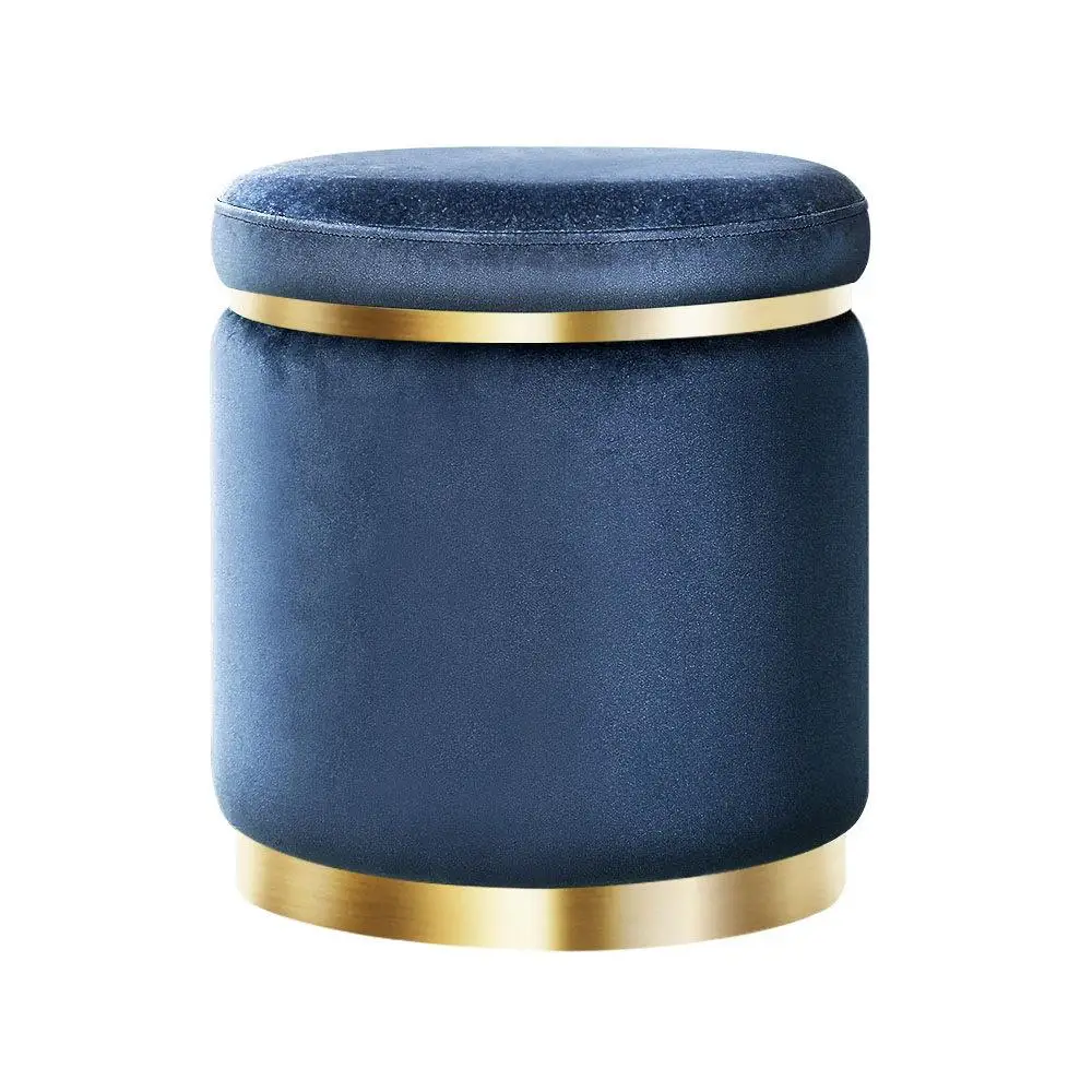 Round Velvet Ottoman Foot Stool Navy Upholstered Padded Decorative Living Room Accent Seat Storage Style Footrest Compact Home Furniture