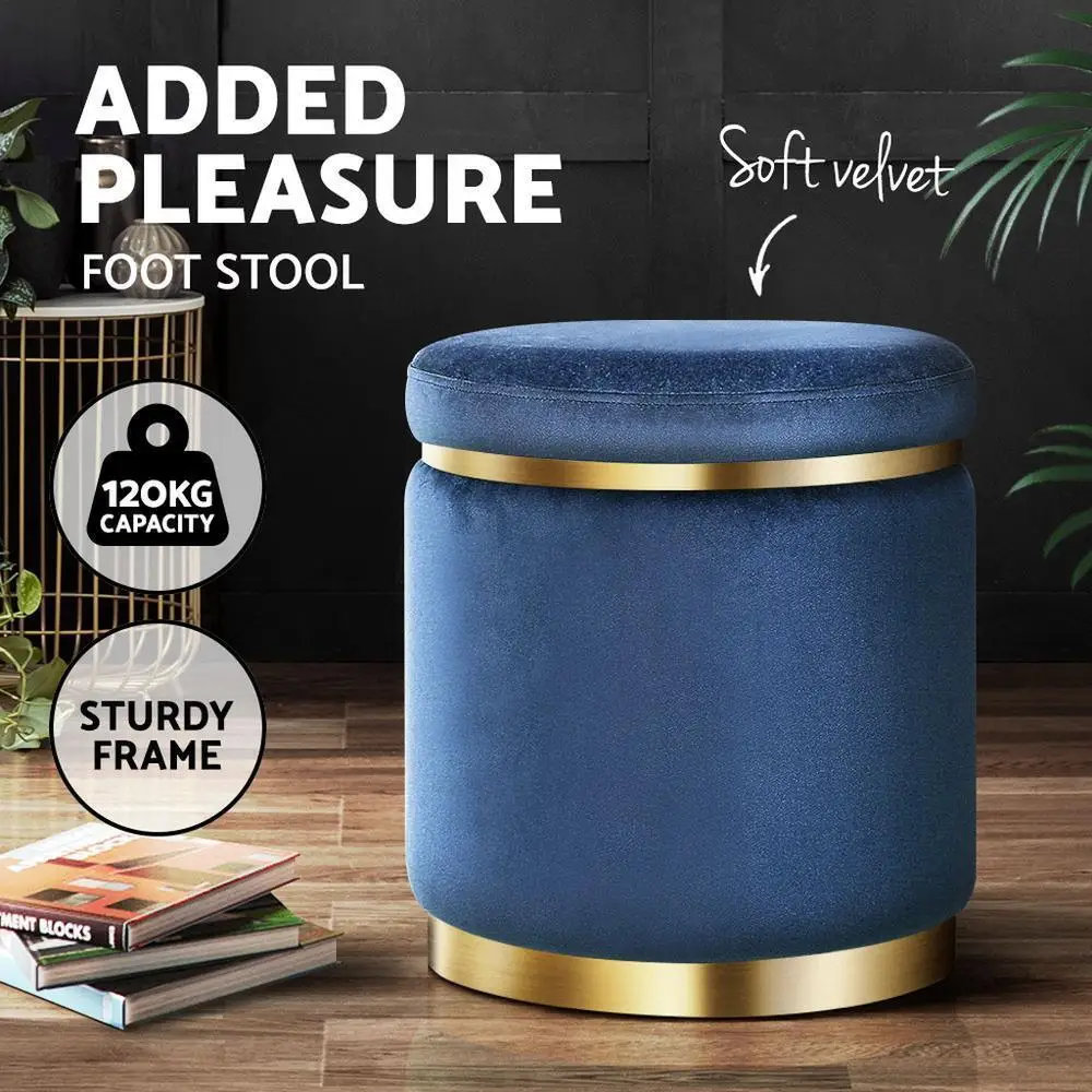 Round Velvet Ottoman Foot Stool Navy Upholstered Padded Decorative Living Room Accent Seat Storage Style Footrest Compact Home Furniture