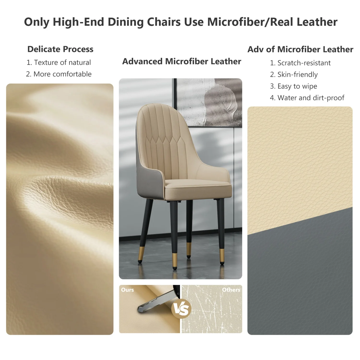2PCS All High-end Dining Chairs Faux Leather Kitchen Chair Upholstered Padded Seat Solid Metal Leg for Island Restaurant
