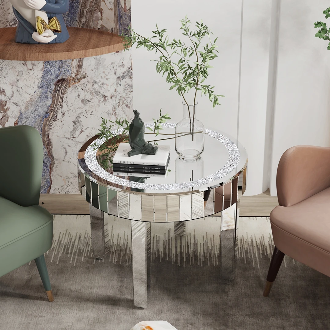 Modern Mirrored Side Table | Silver Finish + Crystal-Inlay Diamonds | Versatile Coffee/Bedside Table for Living Room & Bedroom
