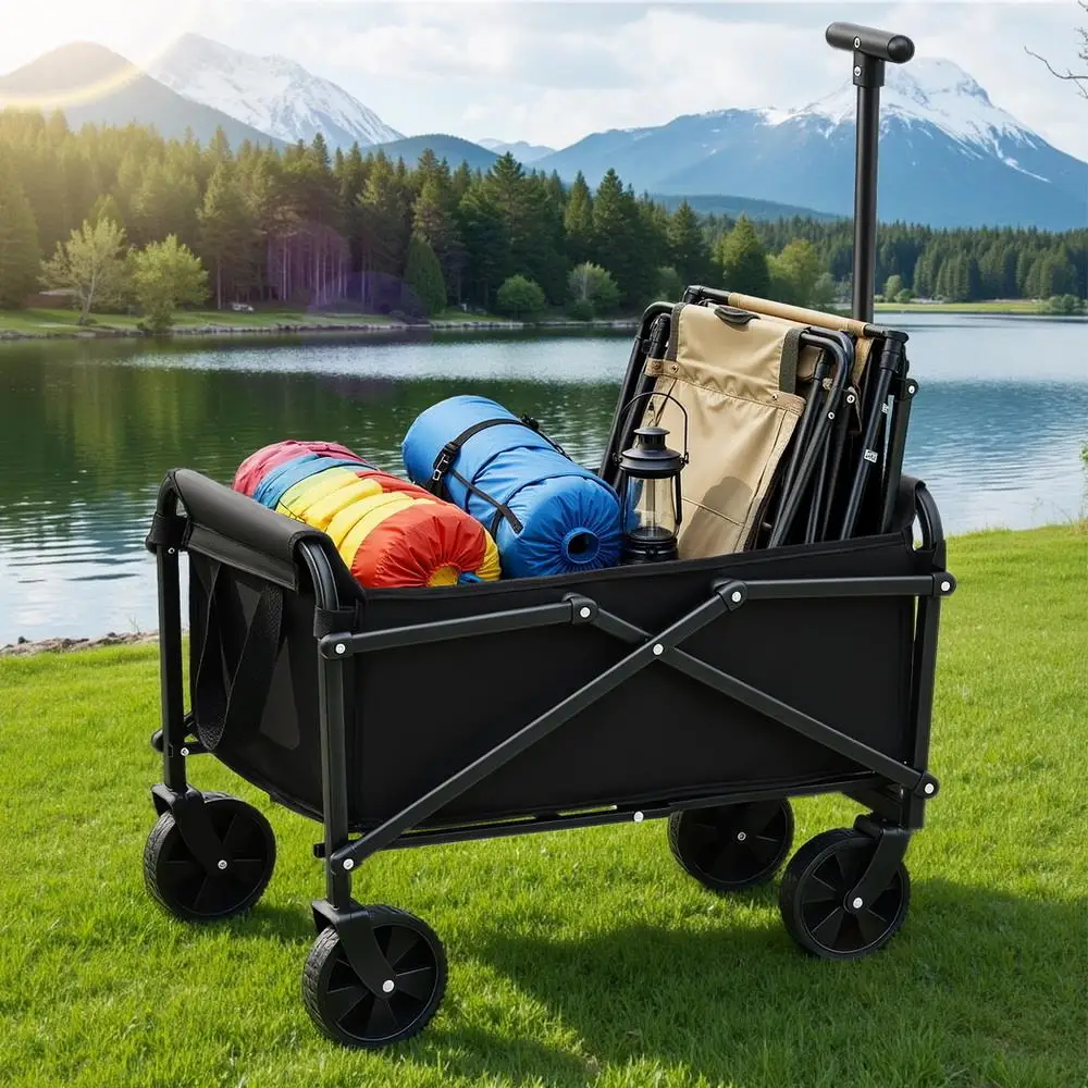 Heavy Duty Foldable Garden Cart Camping Wagon Beach Trolley Outdoor Utility Transport Wagon Black