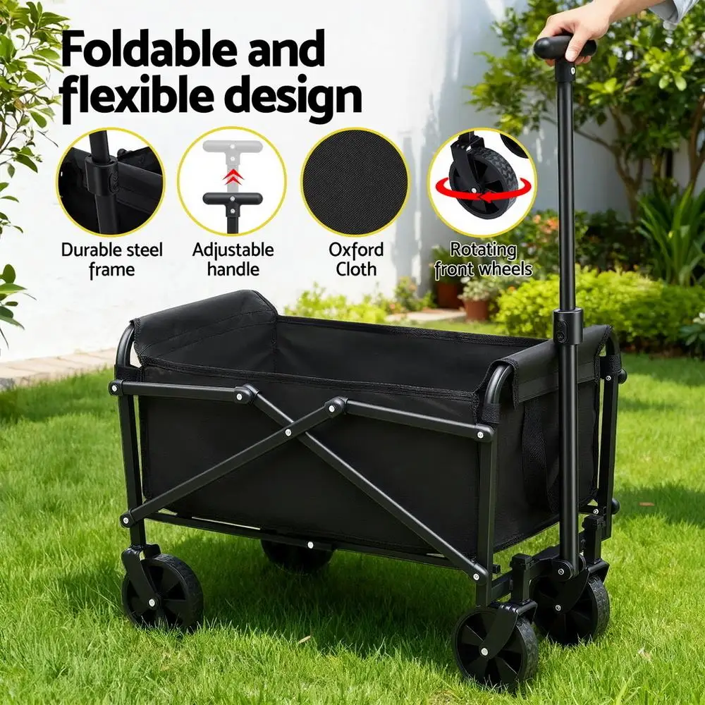 Heavy Duty Foldable Garden Cart Camping Wagon Beach Trolley Outdoor Utility Transport Wagon Black