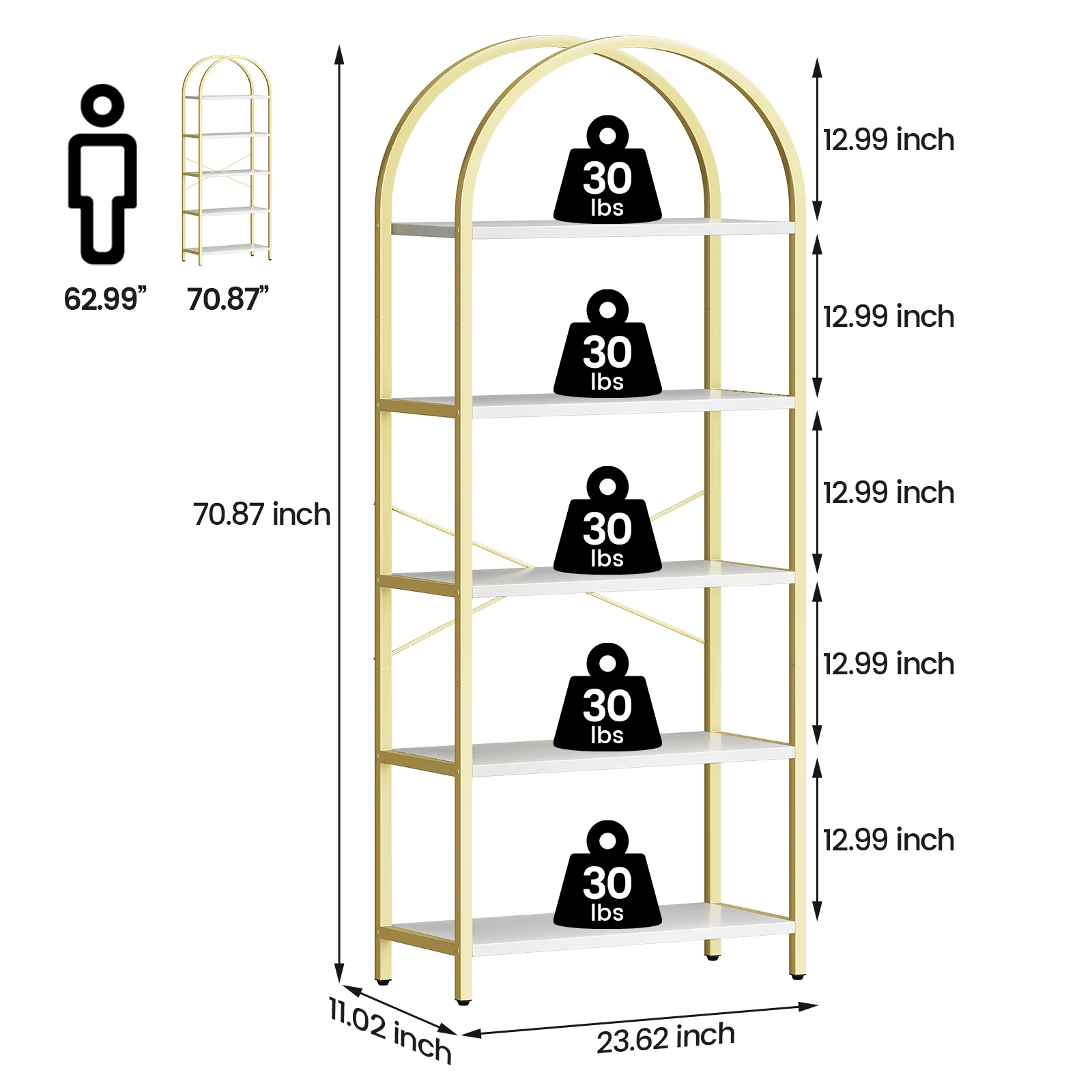 Bookshelf 5 Tier Bookcase Arched Display Racks Tall Standing Bookshelves Metal Frame Modern Storage Rack Shelf Large Wood Book S
