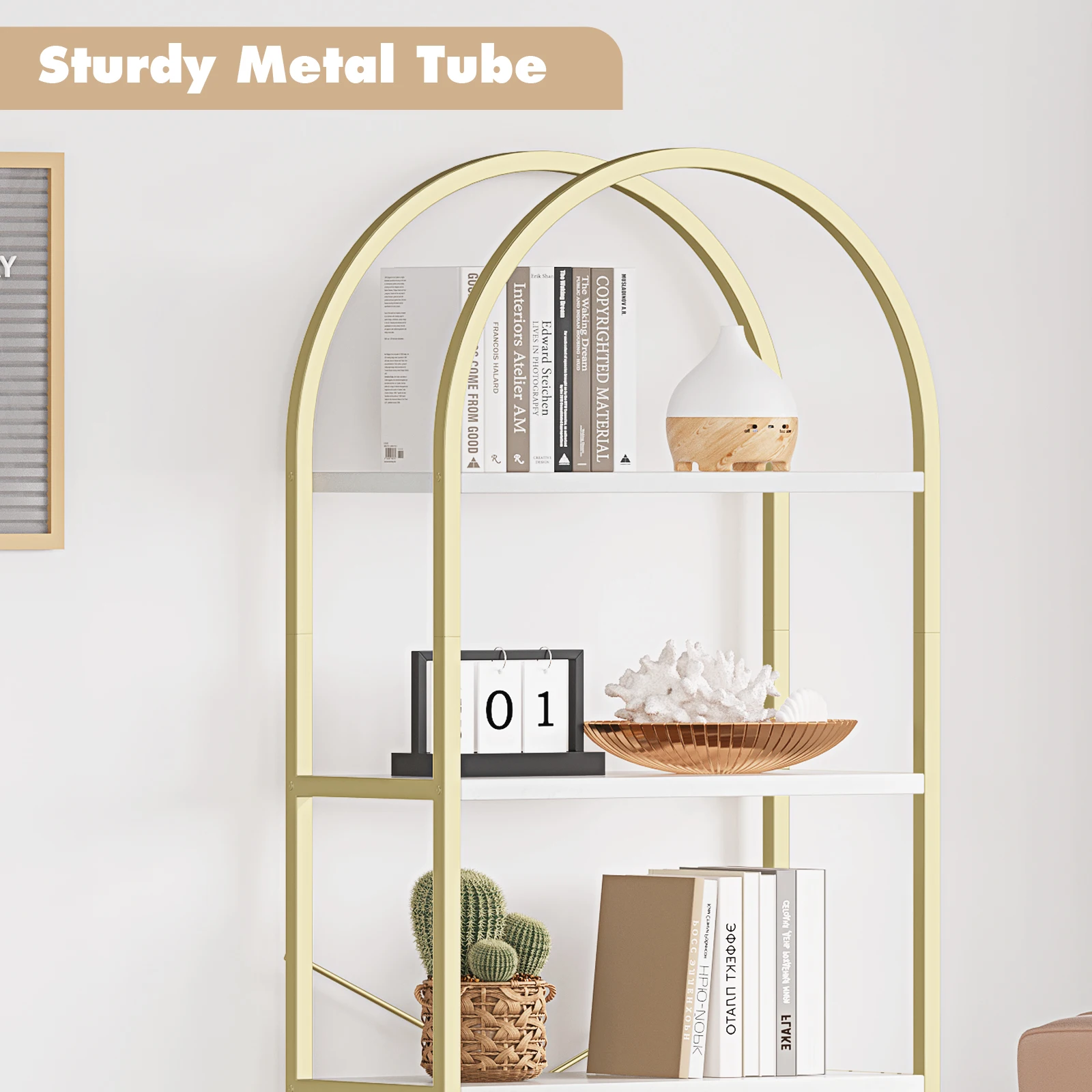 Bookshelf 5 Tier Bookcase Arched Display Racks Tall Standing Bookshelves Metal Frame Modern Storage Rack Shelf Large Wood Book S