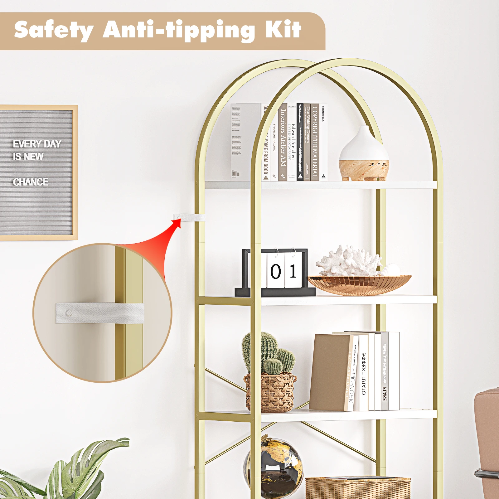 Bookshelf 5 Tier Bookcase Arched Display Racks Tall Standing Bookshelves Metal Frame Modern Storage Rack Shelf Large Wood Book S