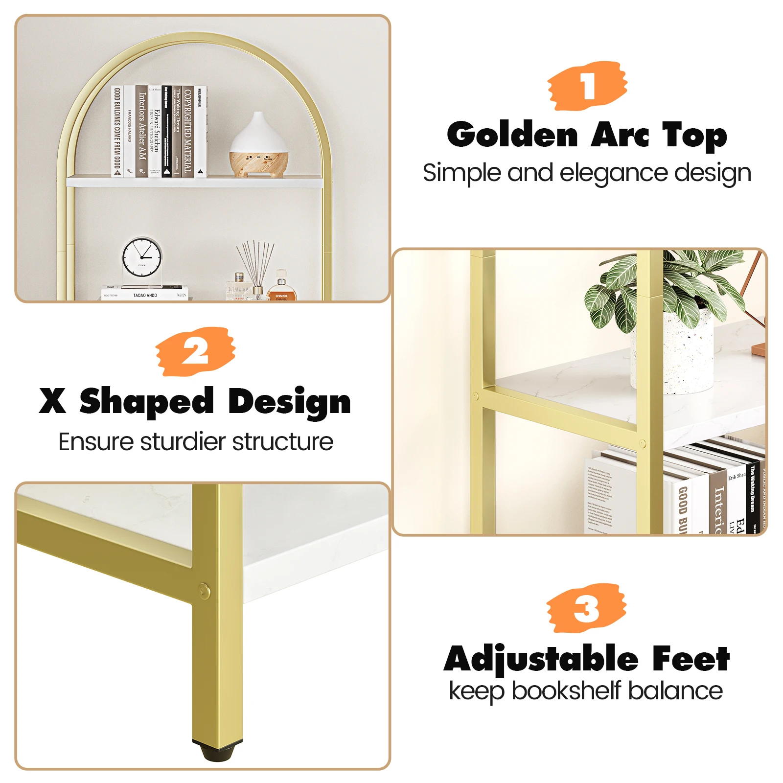 Bookshelf 5 Tier Bookcase Arched Display Racks Tall Standing Bookshelves Metal Frame Modern Storage Rack Shelf Large Wood Book S