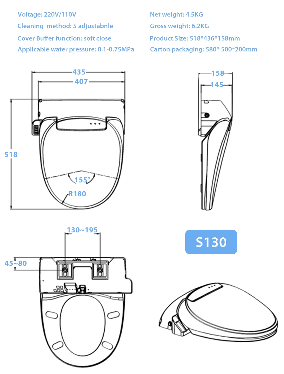 EcoFresh Smart toilet seat auto seat cover flip Electric Bidet intelligent heated toilet seat cover lighting Massage