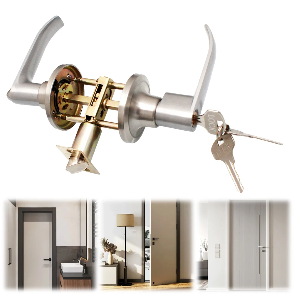 Locking Door Handle Stainless Steel Entrance Door Handles Interior Lever Lock Door Knob Replacement for Bedroom Front Door