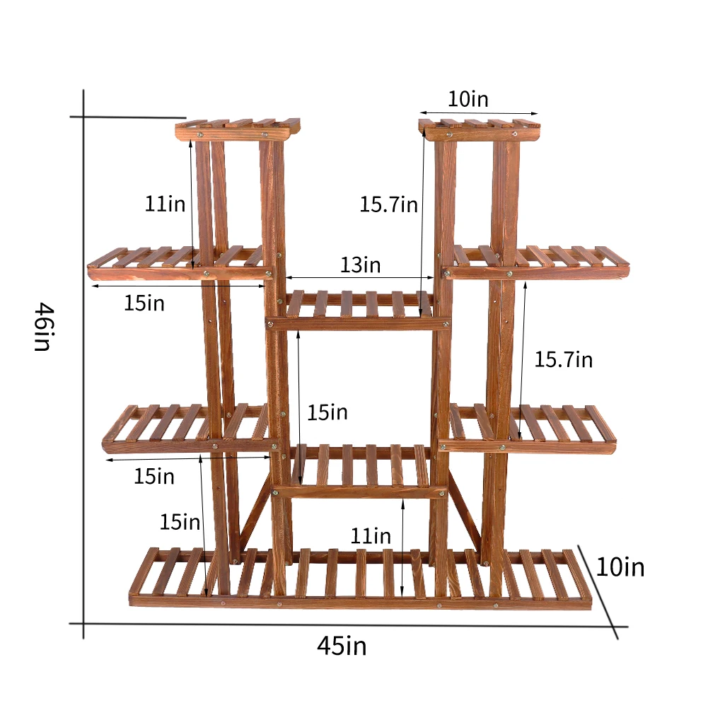 11 Tier Wood Plant Stand Carbonized High Widen Pot Display Shelf Holder Flower Shop Office Garden Indoor Outdoor Decor