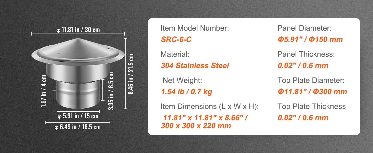 SucceBuy Chimney Cap 6inch 304 Stainless Steel Round Roof Rain Cap 11.81-inch Increased Caps for Insulation Vent Cover Outside