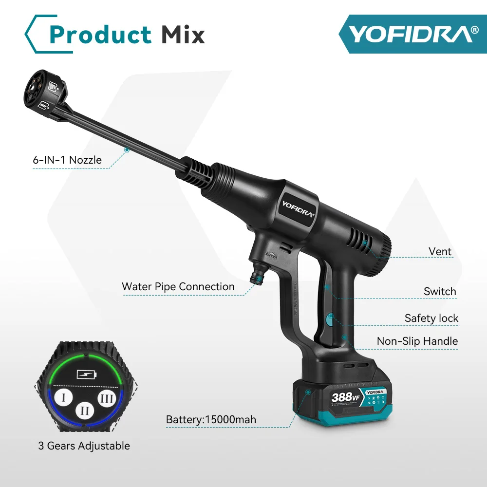 Yofidra 200Bar Brushless High Pressure Car Washer Water Gun Cleaning Garden Washing Wash Spray Gun For Makita 18V Battery Pin