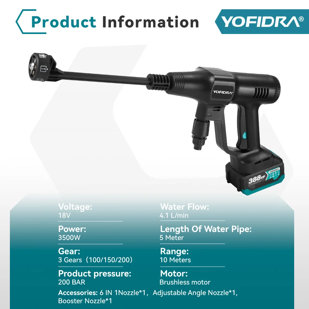 Yofidra 200Bar Brushless High Pressure Car Washer Water Gun Cleaning Garden Washing Wash Spray Gun For Makita 18V Battery Pin