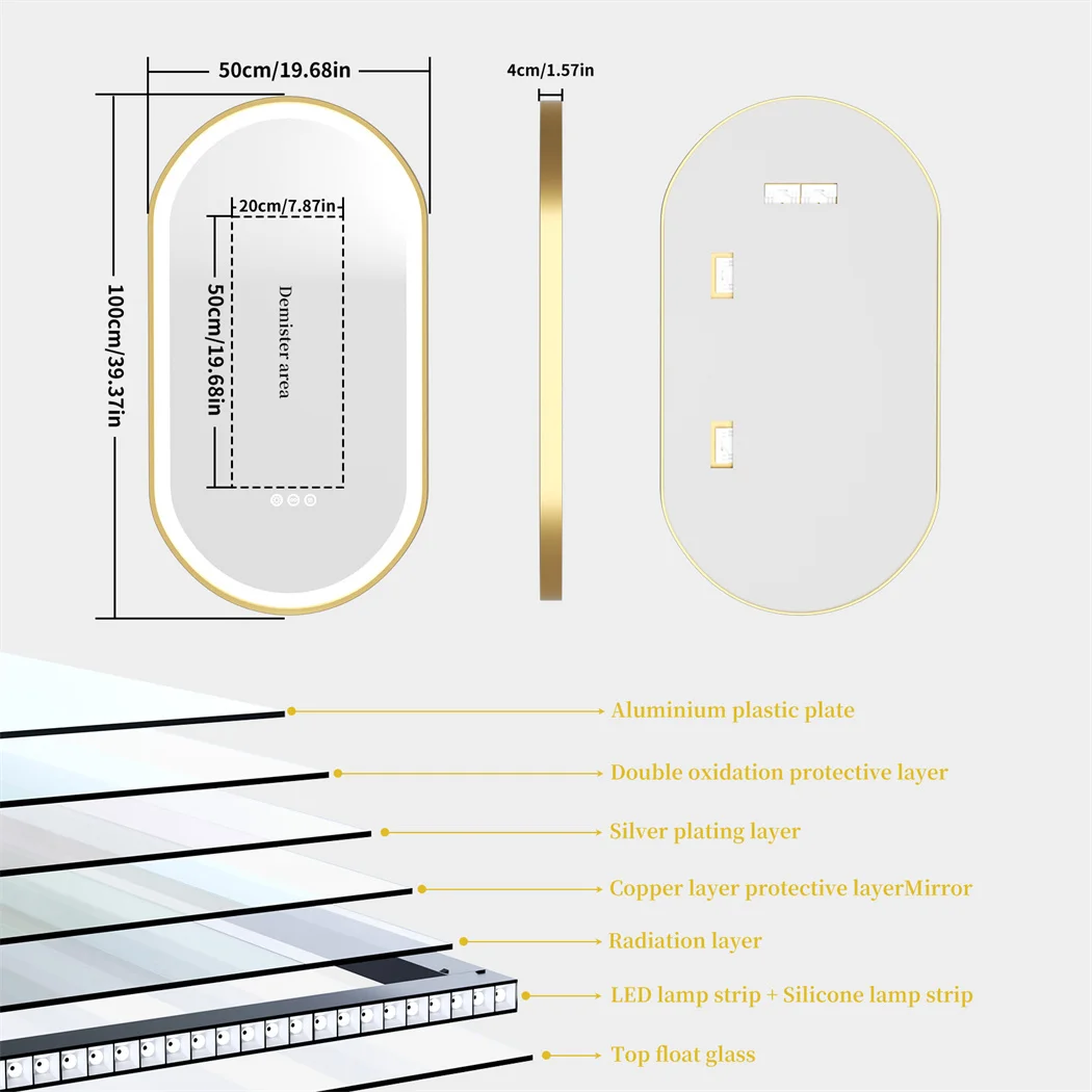 LUVODI 48x24" Gold LED Bathroom Mirror,Aluminum Frame Wall Mounted Illuminated Vanity Mirror with Demister Pad,Luxury Bath Decor