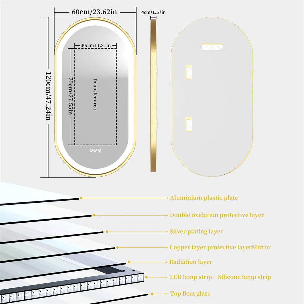 LUVODI 48x24" Gold LED Bathroom Mirror,Aluminum Frame Wall Mounted Illuminated Vanity Mirror with Demister Pad,Luxury Bath Decor