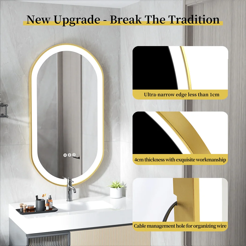 LUVODI 48x24" Gold LED Bathroom Mirror,Aluminum Frame Wall Mounted Illuminated Vanity Mirror with Demister Pad,Luxury Bath Decor