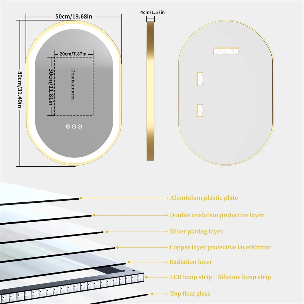 LUVODI 48x24" Gold LED Bathroom Mirror,Aluminum Frame Wall Mounted Illuminated Vanity Mirror with Demister Pad,Luxury Bath Decor
