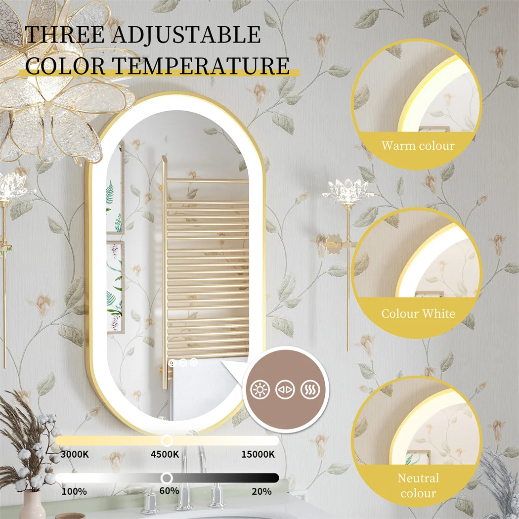 LUVODI 48x24" Gold LED Bathroom Mirror,Aluminum Frame Wall Mounted Illuminated Vanity Mirror with Demister Pad,Luxury Bath Decor