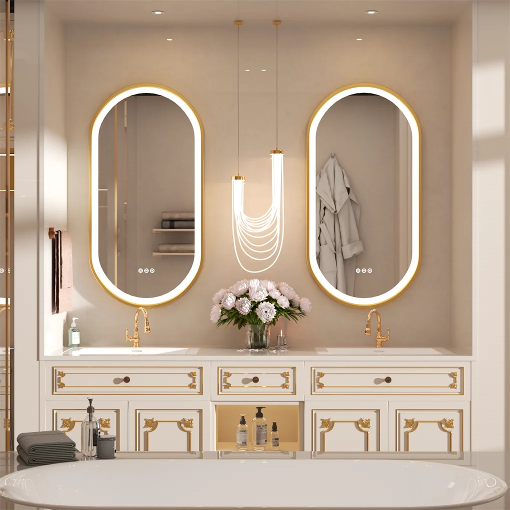 LUVODI 48x24" Gold LED Bathroom Mirror,Aluminum Frame Wall Mounted Illuminated Vanity Mirror with Demister Pad,Luxury Bath Decor