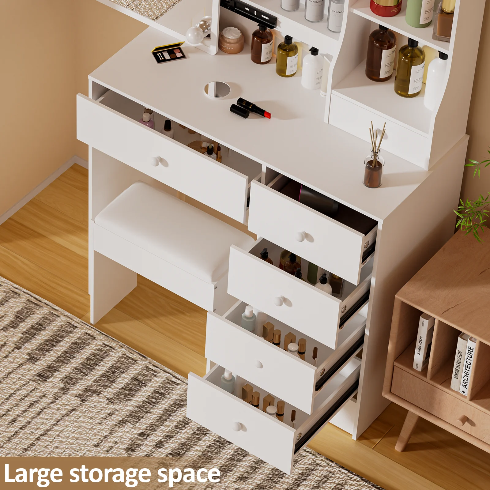 Teousev Makeup Vanity Set with Adjustable 10 LED Lighted Mirror & Stool, 6 Drawers Storage Organizer Dressing Table for Bedroom