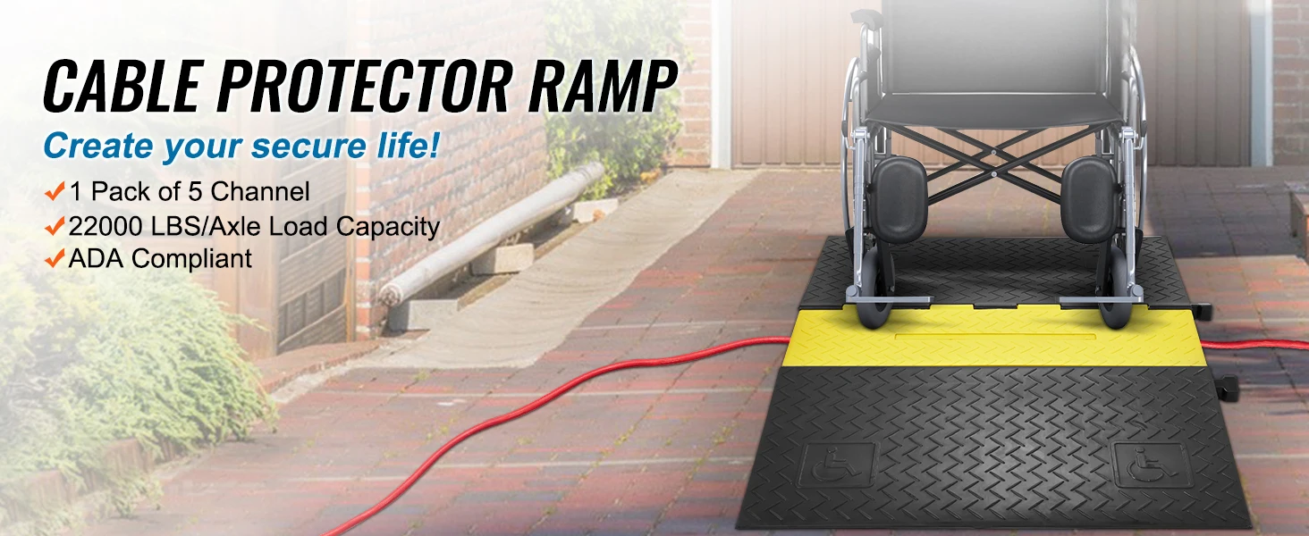 SucceBuy Rubber Cable Protector Ramp5Channel22000 lbs/axle Capacity Heavy Duty Wire Cover Ramp ADA Compliant Indoor&Outdoor