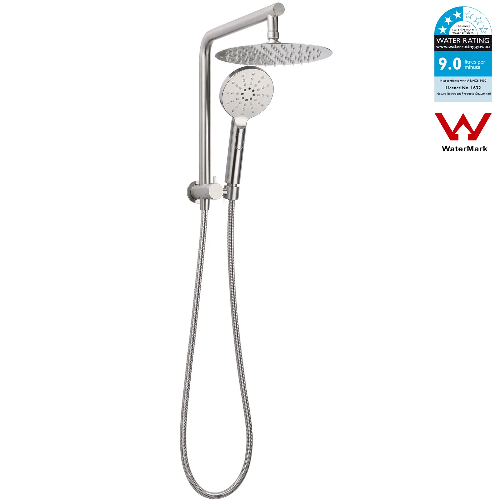 **Sydney Stock** KYLINS Round 8/10/12" Rain Shower Head Hand Held 2 in 1 Gooseneck Wall Arm Set Brushed Nickel WELS WATERMARK