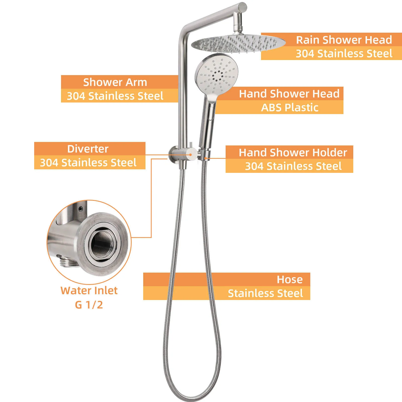 **Sydney Stock** KYLINS Round 8/10/12" Rain Shower Head Hand Held 2 in 1 Gooseneck Wall Arm Set Brushed Nickel WELS WATERMARK