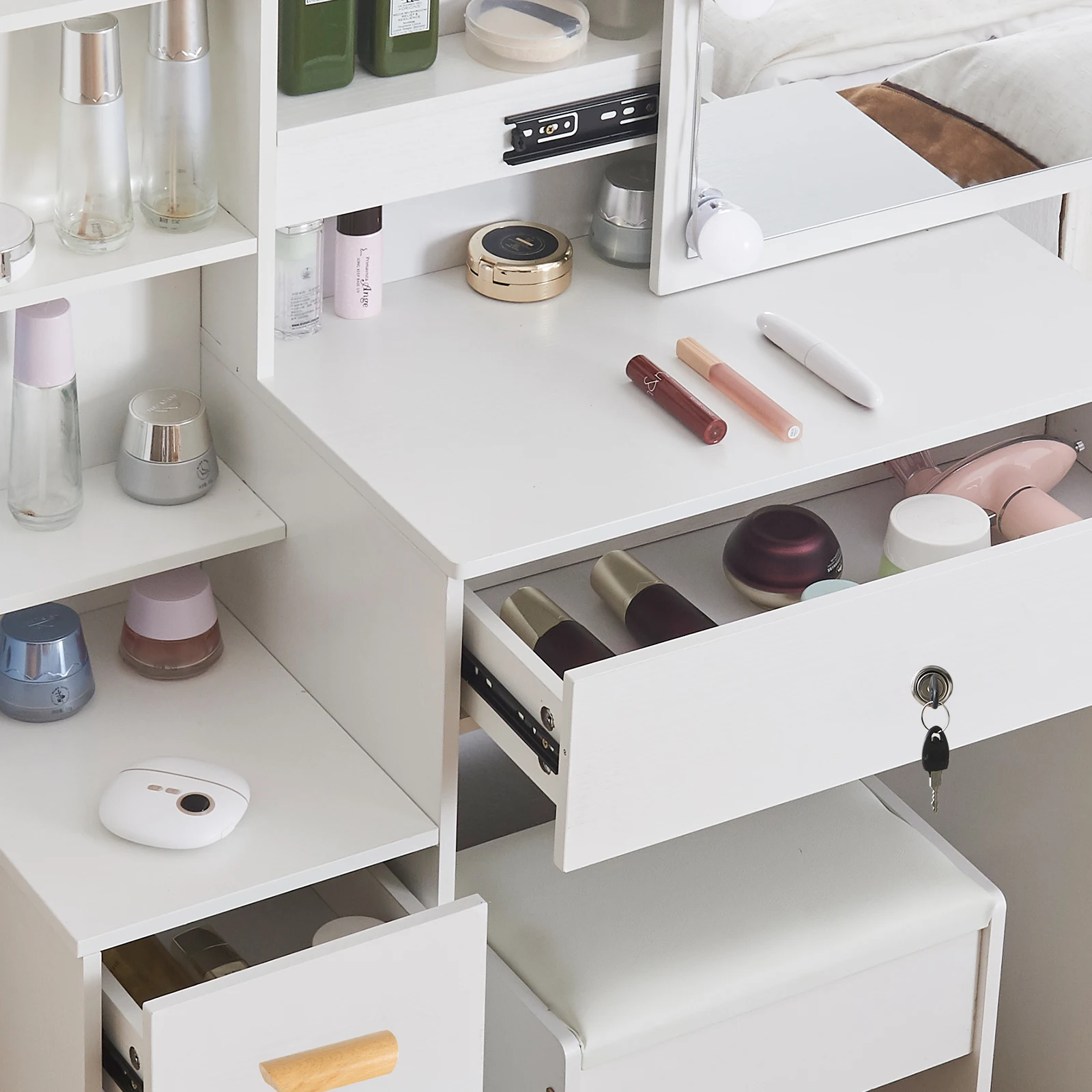 Dressing Table With Sliding Mirror And Lighting Bedroom Dressing Table LED Makeup Mirror Stool Set 10 Bulbs Vanity Desk White
