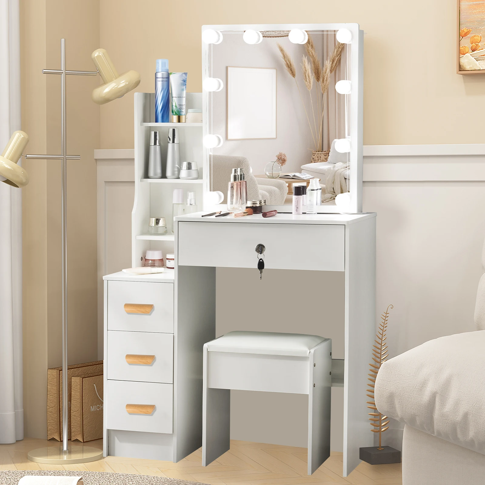 Dressing Table With Sliding Mirror And Lighting Bedroom Dressing Table LED Makeup Mirror Stool Set 10 Bulbs Vanity Desk White