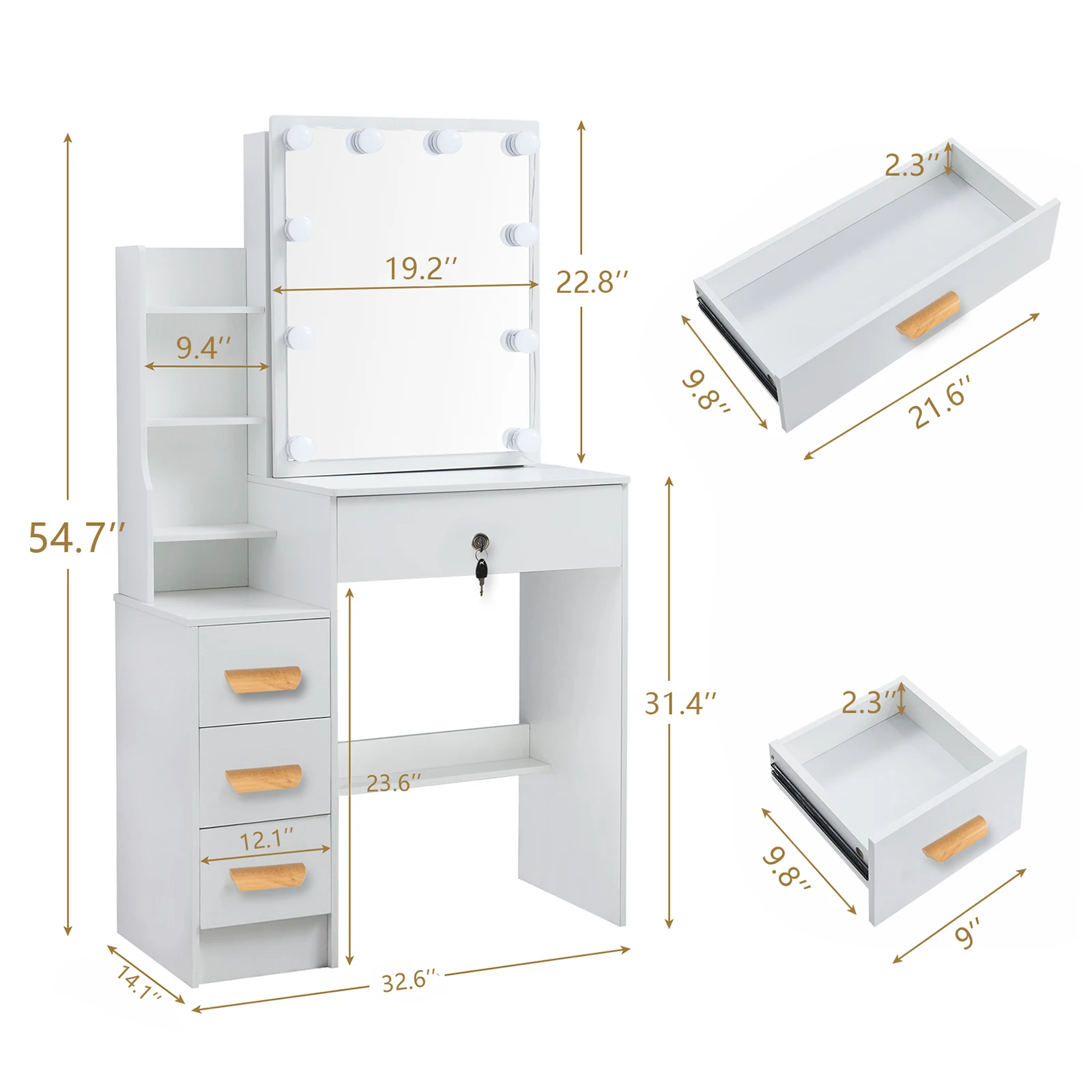 Dressing Table With Sliding Mirror And Lighting Bedroom Dressing Table LED Makeup Mirror Stool Set 10 Bulbs Vanity Desk White